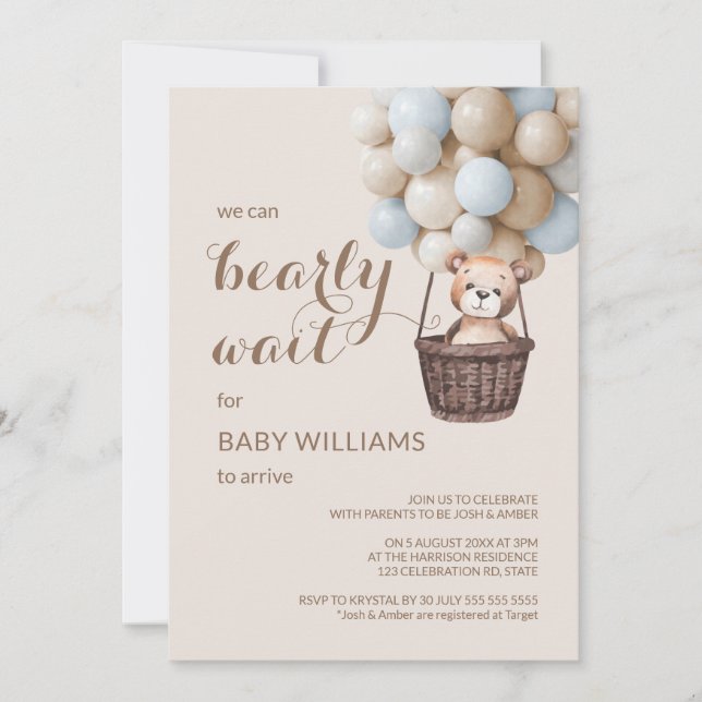 Bearly Wait Teddy Balloons Boy Baby Shower Invitat Invitation (Front)