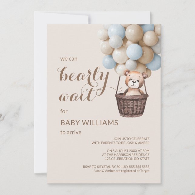 Bearly Wait Teddy Balloons Boy Baby Shower Invitation (Front)