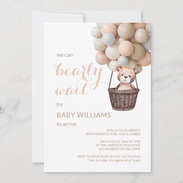 Bearly Wait Teddy Balloons Girl Baby Shower  Invitation (Front)
