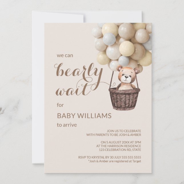 Bearly Wait Teddy Balloons Yellow Baby Shower  Invitation (Front)