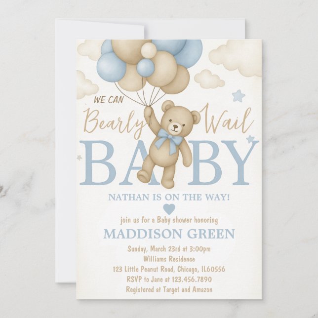 Bearly Wait Teddy Bear Baby Shower Invitation (Front)
