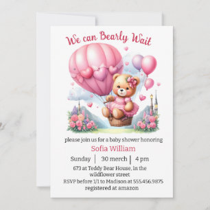  bearly wait  teddy bear balloon baby girl shower invitation