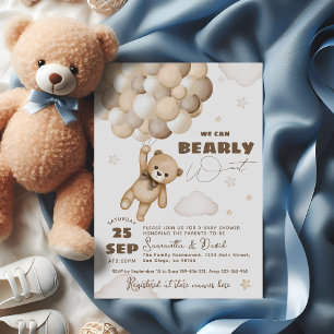 Bearly Wait Teddy Bear Balloon Gender Neutral Baby Invitation