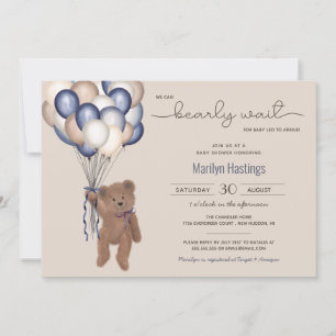 Bearly Wait Teddy Bear & Balloons Baby Shower Invi Invitation