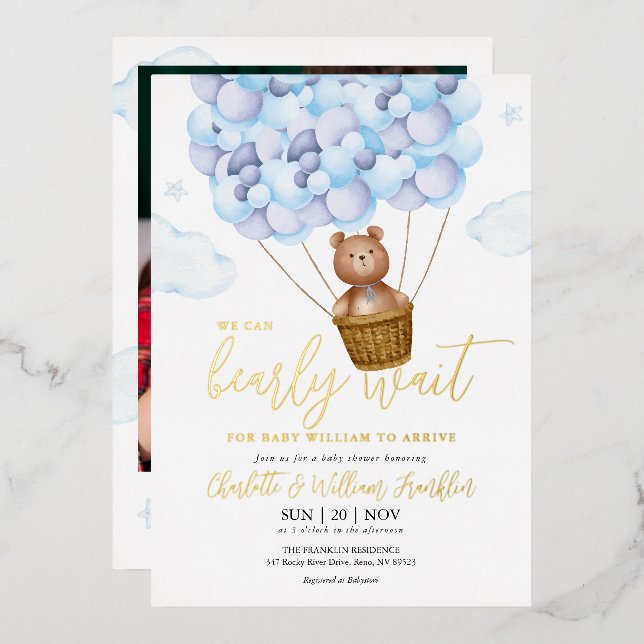 Bearly Wait Teddy Bear Blue Boy Photo Baby Shower (Front/Back)