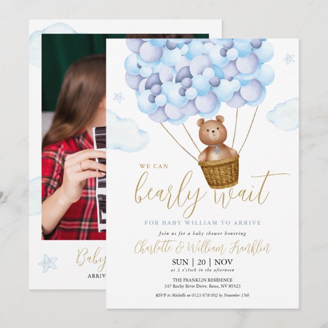 Bearly Wait Teddy Bear Blue Boy Photo Baby Shower Invitation (Front/Back)
