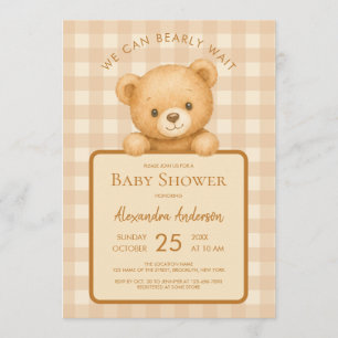 Bearly Wait Teddy Bear & Brown Gingham Baby Shower Invitation