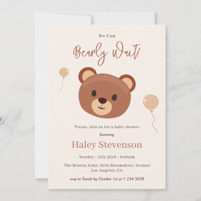 Bearly Wait Teddy Bear Brown Neutral Baby Shower Invitation (Front)