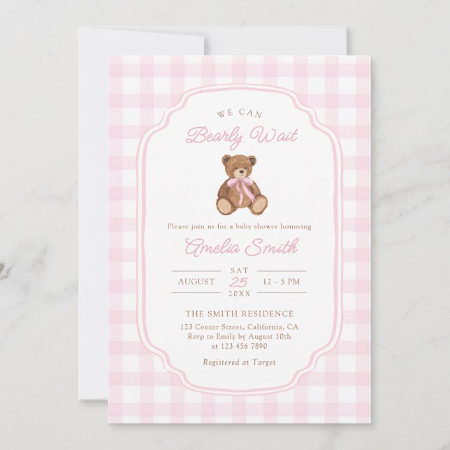 Bearly Wait Teddy Bear Girl Baby Shower Invitation (Front)
