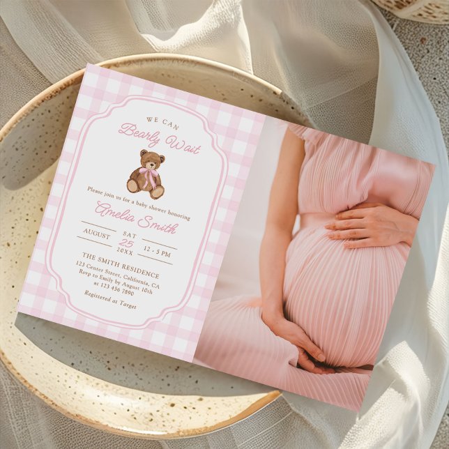 Bearly Wait Teddy Bear Girl Baby Shower Photo Invitation (Creator Uploaded)
