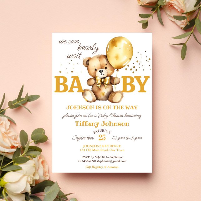 Bearly wait teddy bear gold brown baby shower invitation (Bearly wait teddy bear baby shower template invitation digital download gold brown balloons teddy )