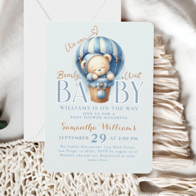 Bearly Wait Teddy Bear Hot Air Balloon Blue  Invitation (Creator Uploaded)
