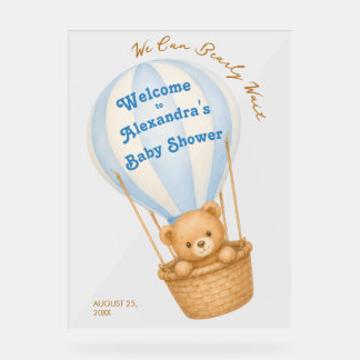 Bearly Wait Teddy Bear in Balloon Boy Baby Shower Acrylic Sign