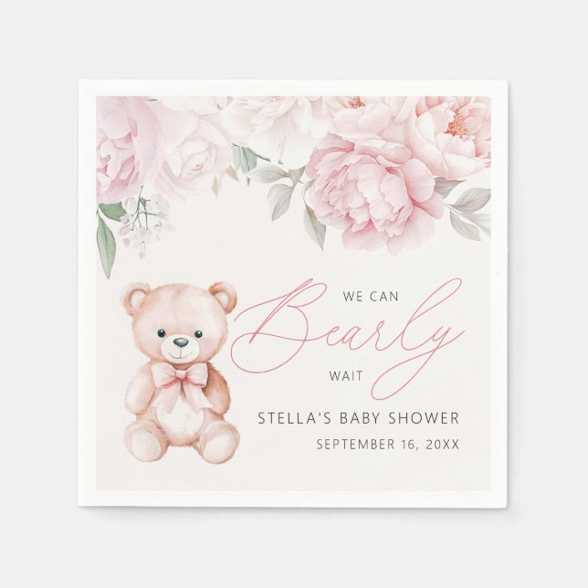 Bearly Wait Teddy Bear Peony Baby Shower Paper Napkin (Front)