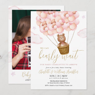 Bearly Wait Teddy Bear Photo Pink Girl Baby Shower Invitation