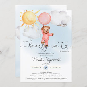 Bearly Wait Teddy Bear Pink Balloon First Birthday Invitation