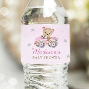 Bearly Wait Teddy Bear Pink Girl Baby Shower Water Bottle Label