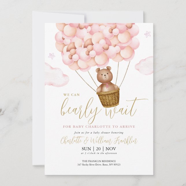 Bearly Wait Teddy Bear Pink QR Code Baby Shower Invitation (Front)