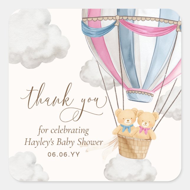 Bearly Wait Teddy Bear Thank You Twins Baby Shower Square Sticker (Front)