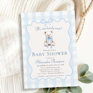 Bearly Wait Teddy Bow Blue Gingham Baby Shower Invitation