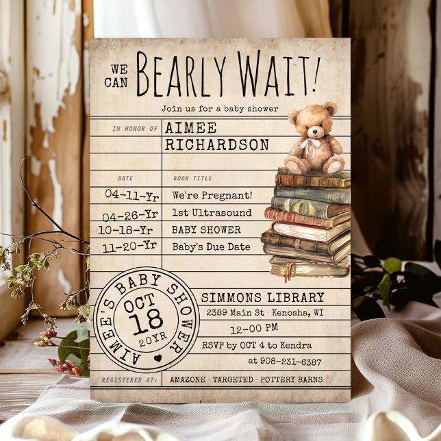 Bearly Wait Vintage Library Card Books Baby Shower (Cute We Can Bearly Wait watercolor bear cub library card books gender neutral baby shower invitation)