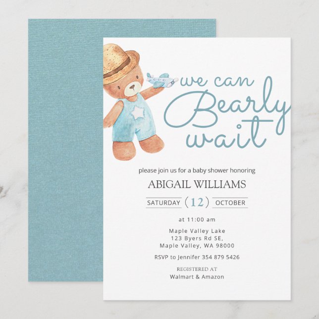 Bearly Wait Watercolor Teddy Bear Baby Shower Invitation (Front/Back)