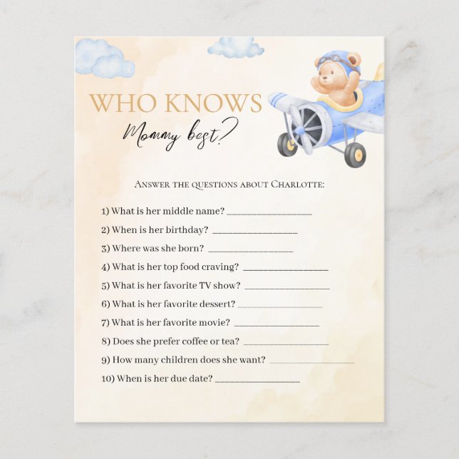 Bearly Wait Who Knows Mummy Baby Shower Game Card (Front)