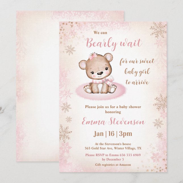 Bearly Wait Winter Bear Pink Gold Girl Baby Shower Invitation (Front/Back)