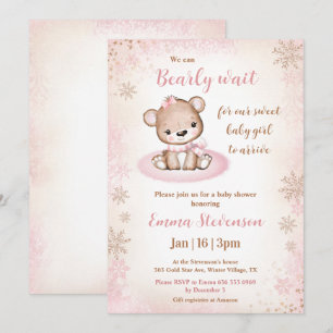 Bearly Wait Winter Bear Pink Gold Girl Baby Shower Invitation