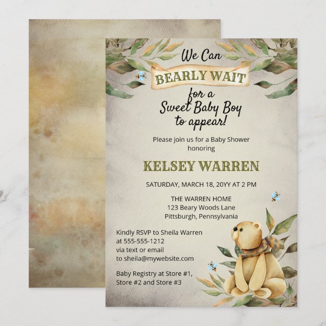 Bearly Wait Woodland Teddy Bear Boy Baby Shower Invitation (Front/Back)