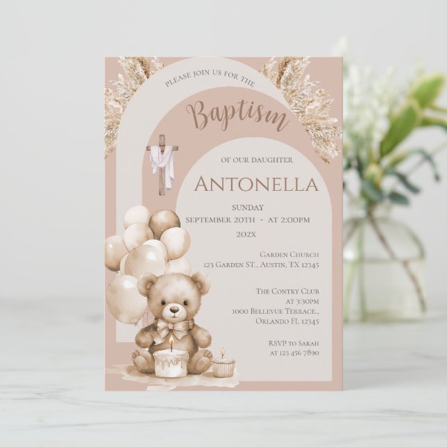 Bears and Balloons Girl Baptism Invitation (Standing Front)