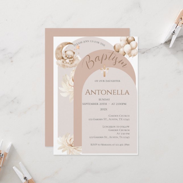 Bears and Balloons Girl Baptism Invitation (Front/Back In Situ)