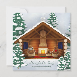 Bears At Home Cosy Log Cabin Personalised Holiday Invitation