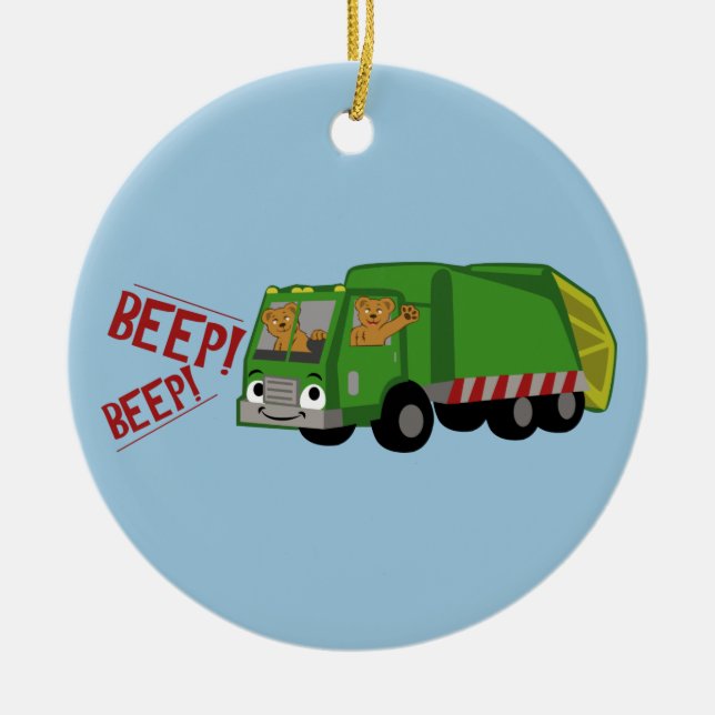 Bears Driving a Trash Truck Ceramic Tree Decoration (Front)