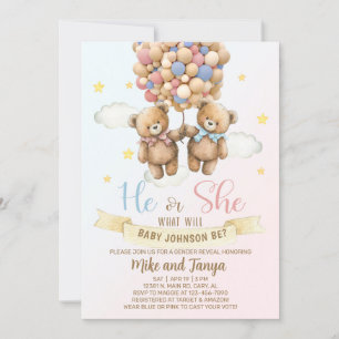 Bears gender reveal invite, pink blue balloons. invitation