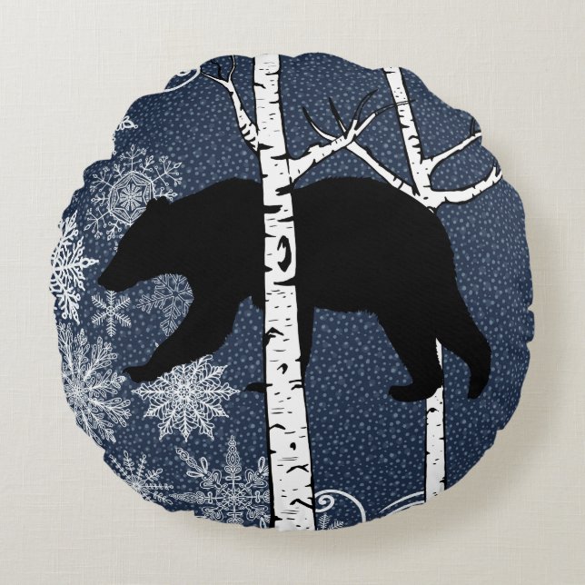 Bears in Winter Birch Forest Round Pillow (Front)