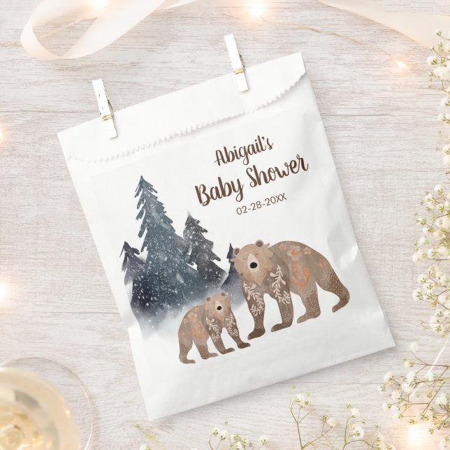 Bears in Winter Forest Scandi Neutral Baby Shower Favour Bags (Clipped)