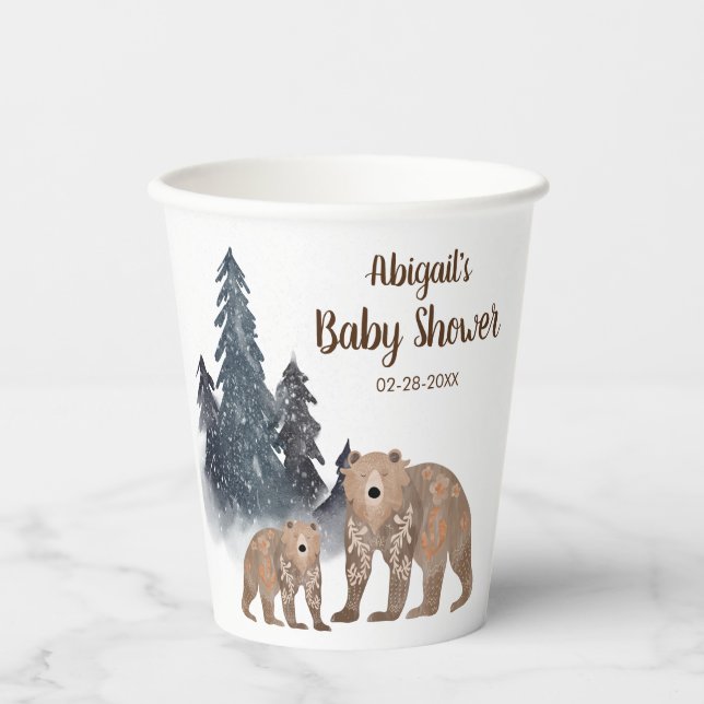 Bears in Winter Forest Scandi Neutral Baby Shower Paper Cups (Front)