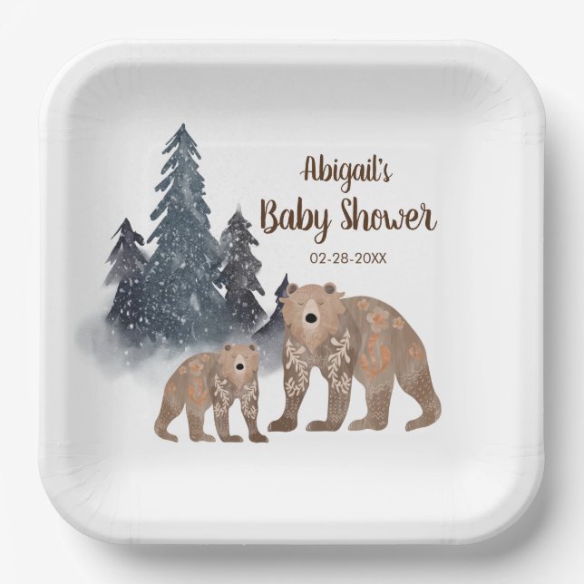 Bears in Winter Forest Scandi Neutral Baby Shower Paper Plate (Front)