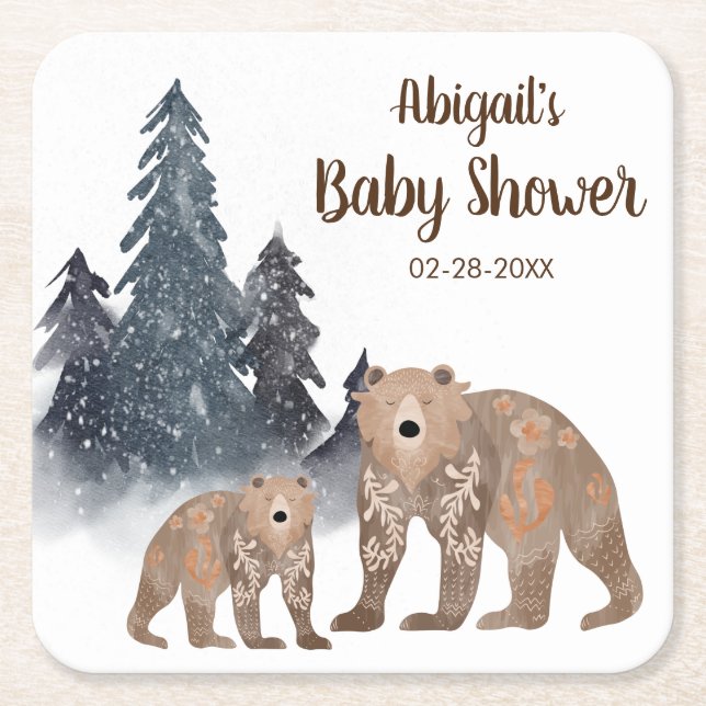 Bears in Winter Forest Scandi Neutral Baby Shower Square Paper Coaster (Front)