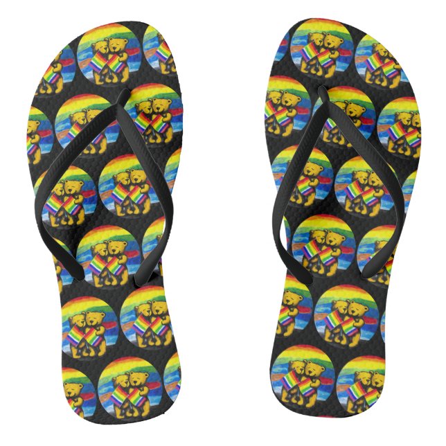 Bears Love Couple LGBT Rainbow Flag Flip Flops (Footbed)