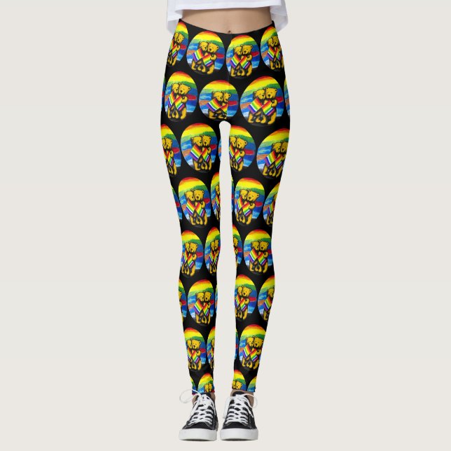 Bears Love Couple LGBT Rainbow Flag Leggings (Front)