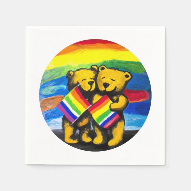 Bears Love Couple LGBT Rainbow Flag Napkin (Front)