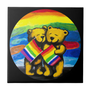 Bears Love Couple LGBT Rainbow Flag Tile