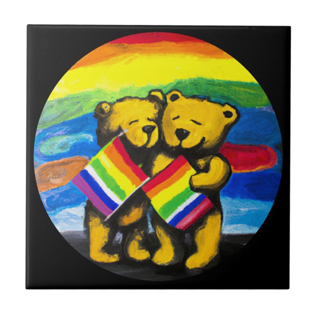Bears Love Couple LGBT Rainbow Flag Tile (Front)