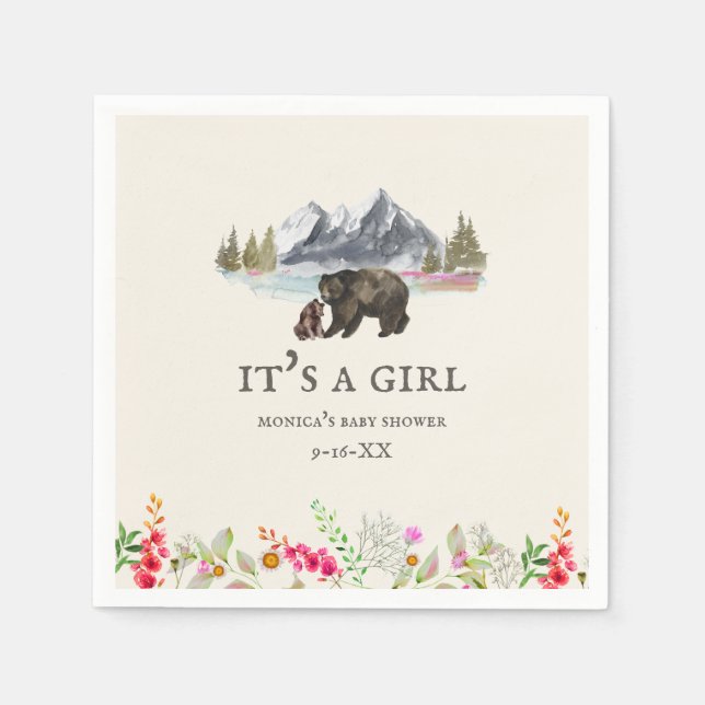 Bears Mountains Floral Girl Baby Shower Napkin (Front)