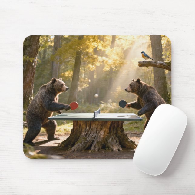Bears Playing Ping Pong in a Forest Mouse Mat (With Mouse)