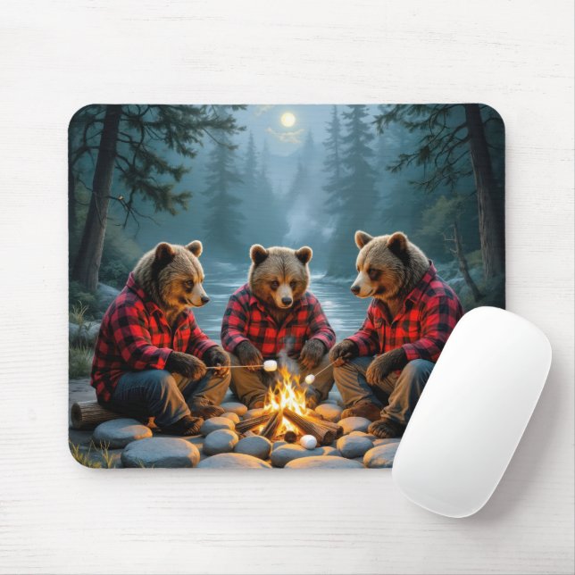 Bears Roasting Marshmallows at a Campfire Mouse Mat (With Mouse)