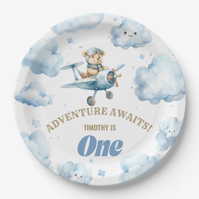 Bear's Skyward Soiree: First Birthday Paper Plate (Front)