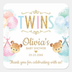 Bears Twin Boy Girl Baby Shower Thank You Favour Square Sticker